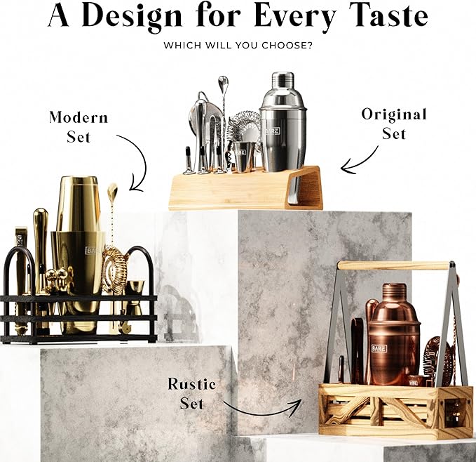 BARE BARREL® Mixology Bartender Kit Bar Set | 14-Piece Cocktail Shaker Set | Martini Barware Mixing Tools for Home Bartending | 35 Recipe Cards | Gift Set (28oz Boston Shaker, Silver/Black)