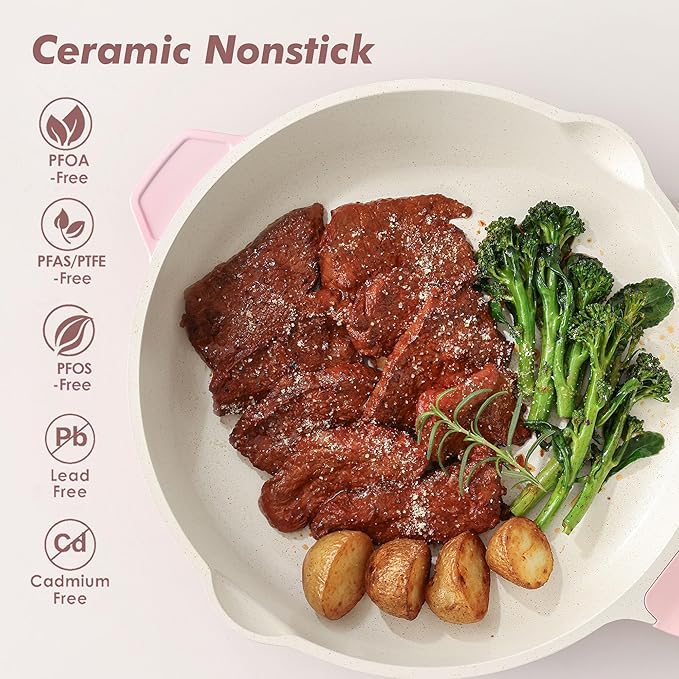 SENSARTE Nonstick Skillet with Lid 12-inch, 5QT Ceramic Deep Frying Pan, Non Toxic Saute Pan with Lid, Healthy Dishwasher Safe Cooking Pot, Induction Pan with Stay-cool Handle, Pink