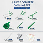 Canning Supplies Starter Kit,Canning Kit for Beginners of 9 with Jar Lifter，Wide Mouth Funnel,Wrench,Tongs,Lid Lifter,Bubble Popper,Canning Labels,ladle,Measuring Spoon-Deep Green