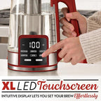 Gourmia Electric Glass Kettle – 1.7L Programmable Tea & Coffee Brewer with Digital Touch Display, 6 Presets, Removable Stainless Steel Infuser, Cordless with 360° Swivel Base, Red