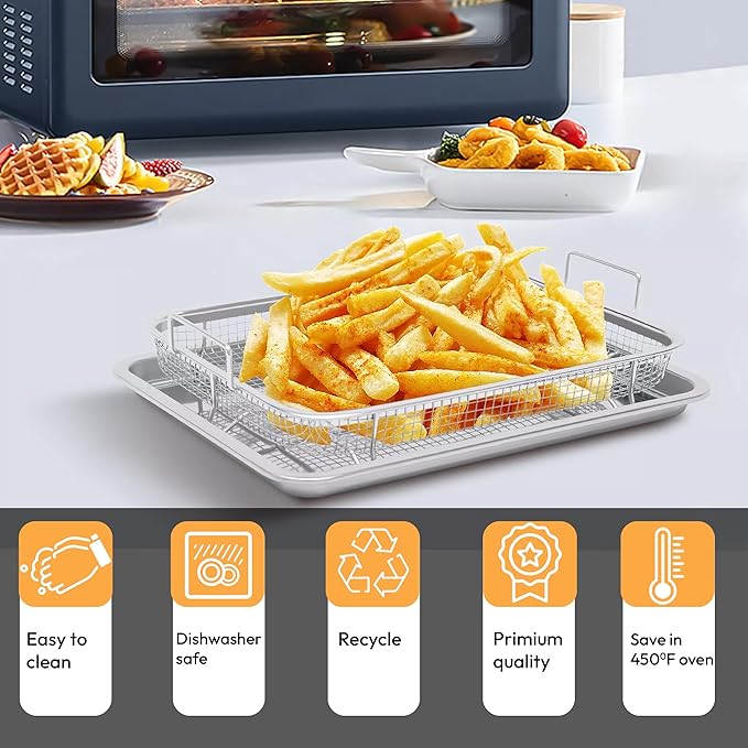 15.6" X 11.6" Large Air Fryer Basket for Oven, Oven Air Fryer Basket and Tray Set With 30PCS Parchment Papers, Stainless Steel Air Fryer Pan and Crisper Tray for Frying Baking