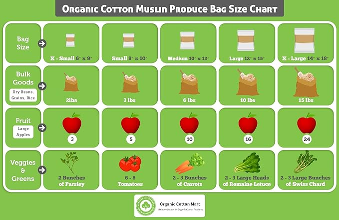 Reusable Grocery Bags for Produce - Small Size Muslin Bags for Brewing and Making Tea - Made of 100% Organic Cotton with Drawstring - Set of 3 (Small - 8"x10")