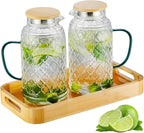 Buaic Glass Pitcher with Lid, 2 PACK 68 oz/2 Liter Vintage Water Pitcher With Serving Tray, Clear Borosilicate Glass Water Carafe for Cold Brew, Coffee, Lemonade, Iced Sun Tea,Beverage, Heat Resistant