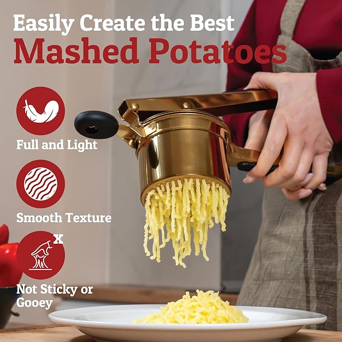 PriorityChef Large 15oz Potato Ricer With 3 Discs, Heavy Duty Stainless Steel Potato Ricer for Mashed Potatoes, Potato Masher, Press and Ricer Kitchen Tool, Gold Steel Black Silicone