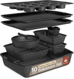 Gray Marble 10-Piece Bakeware Sets, Nonstick Carbon Steel Baking Sheet & Pans, Stackable Space-Saving Bakeware, Dishwasher Safe, Stain-resistant, PFOAPFOSPTFE Free, Oven Safe Up To 450°F (230°C)