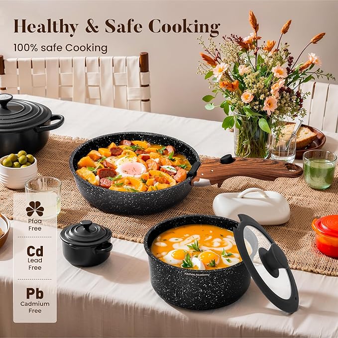 Kitchen Academy Removable Handle Induction Pots and Pans Set - 10 Piece Non-stick Cookware Sets, Black Granite Stackable RV Cookware for Camp