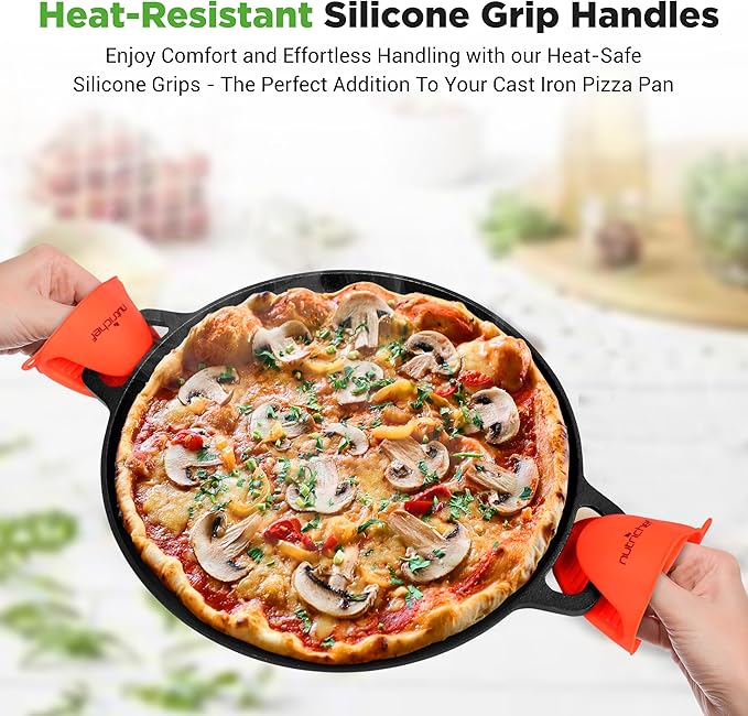 NutriChef 13-Inch Flat Cast Iron Pizza Pan - Versatile Pre-Seasoned Round Cooking Griddle w/ Built-In Handles for Oven, Grill, Stove, and Campfires