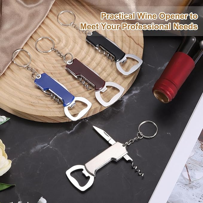 uxcell 4 Pcs Wine Opener, Bottle Opener Keychain, Durable Stainless Steel Waiter's Corkscrew, Compact All-In-One Home Bar Tool for Bar, Party, Wedding, Home, Travel, Black