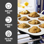 GreenLife 12-Cup Muffin Pan, PFAS-Free Healthy Nonstick Baking Tray, 11.4" x 1.9" x 15.9", Durable Ceramic Bakeware, Cupcakes, Egg Bites, Tarts, Brownies, Black