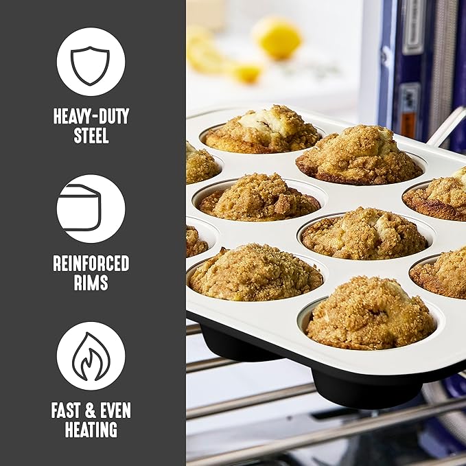 GreenLife 12-Cup Muffin Pan, PFAS-Free Healthy Nonstick Baking Tray, 11.4" x 1.9" x 15.9", Durable Ceramic Bakeware, Cupcakes, Egg Bites, Tarts, Brownies, Black
