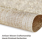 Leetaltree Luxury Beige and Gold Woven Placemats Set of 4 - Waterproof Washable Textured Table Mats for Wedding, Anniversary, Daily Use - Sparkling Metallic Thread Table Decor - Hand-Cut