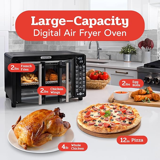 Gourmia Toaster Oven Air Fryer Combo 17 cooking presets 1700W french door digital air fryer oven 24L capacity accessories, convection rack, baking pan tray recipe book GTF7460,Large,Black