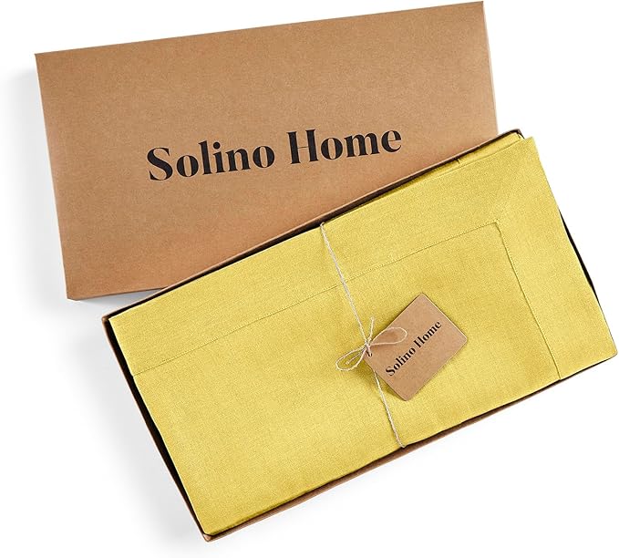 Solino Home Linen Tablecloth for Rectangle Tables 60 x 108 Inch - 100% Pure Linen Sunshine Yellow Table Cloth - Fete, Machine Washable Cloth Tablecloth