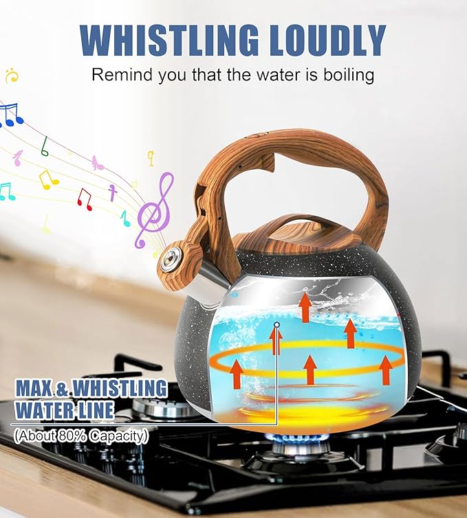 Whistling Tea Kettle Stovetop, Tea Pots for Stove Top Food Grade Stainless Steel with Wood Pattern Handle, 3.2Quart (Black)