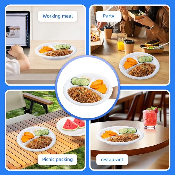 YANGRUI Plastic Plates Shrink Wrap 9" 150 Pack - BPA Free Mineral Filled PP | Reusable & Disposable Microwave Safe Heat-Retention Design | Steakhouse Grade Commercial White 3 Compartment Party Plate
