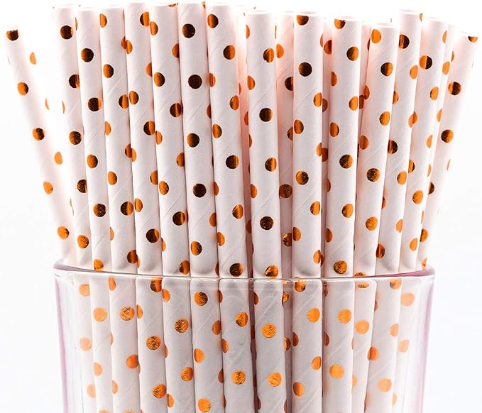 Pack of 900 Rose Gold Polka Dot Foil Biodegradable 4-Ply Paper Drinking Straws (Compostable, Non-toxic, BPA-free)