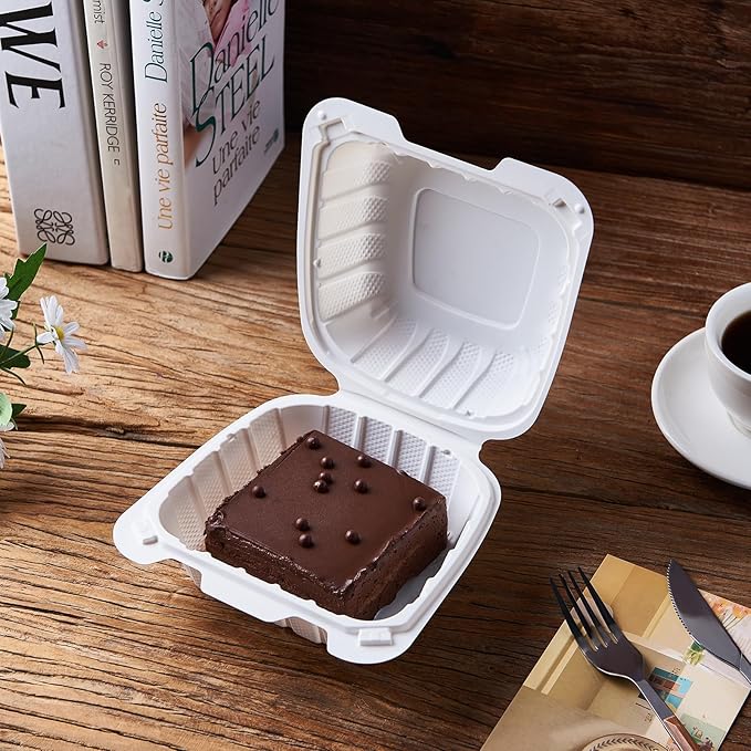 CIAO! 6"x6"x3" MFPP White Hinged Container With Lid 1 Compartment (Case of 300)
