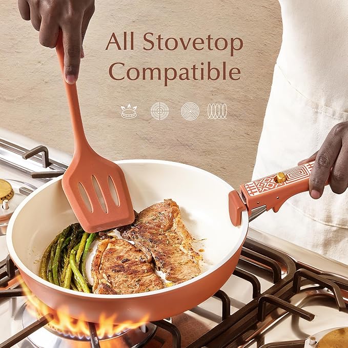 CAROTE 21-Piece Ceramic Cookware Set, Nonstick Pots and Pans Set with Detachable Handle, Non-Toxic Kitchen Cooking Set, Induction Compatible, Dishwasher & Oven Safe, Terracotta