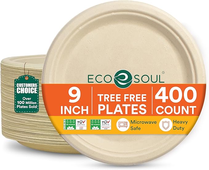 ECO SOUL Compostable 9 Inch(400-Pack) Biodegradable Heavy-Duty Disposable Eco-Friendly Paper Plates for Christmas Dinner & Parties, Wedding, Event