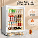 Tylza Beverage Refrigerator 24 Inch, Under Counter/Freestanding Drink Fridge, 190 Cans Beverage Cooler with Glass Door, Reversible Door, Low Noise, Quick Cooling - for Beer, Soda, ETC, White
