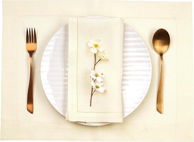 D'Moksha Homes Cream Linen Cloth Placemats Set of 4-100% Pure Linen Hemstitch Placemats 14 x 19 Inch - Classic Hemstitch Table Place Mats for Holiday - Handcrafted and Machine Washable