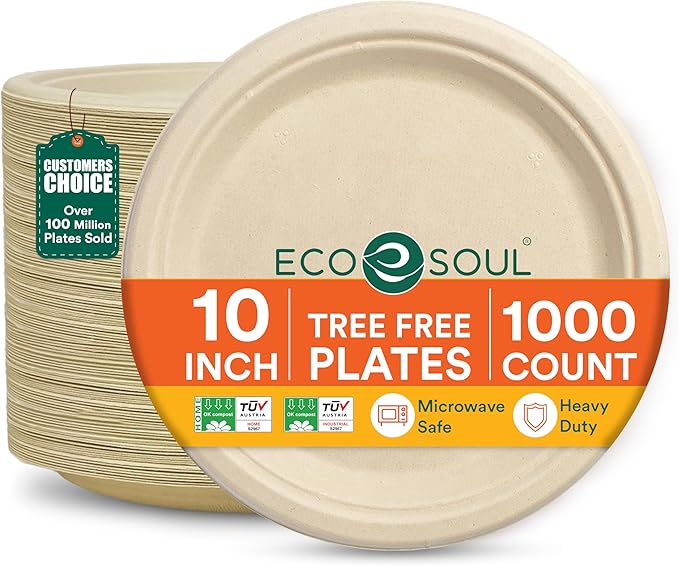 ECO SOUL 100% Compostable Paper Plates 10 Inch [1000-Pack] Biodegradable Heavy Duty Eco-Friendly Disposable Plates for Christmas Dinner, Parties, Wedding & Event