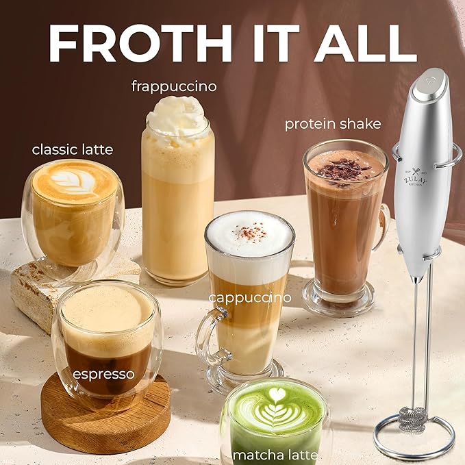 Zulay Kitchen Patented Tornado Triple Whisk Milk Frother with 4 Duracell Batteries – Handheld Foam Maker for Coffee, Lattes, Matcha & Hot Chocolate – Rich, Creamy Froth in Seconds - Bright Silver