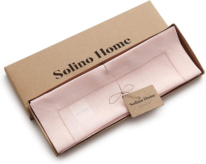 Solino Home Linen Cloth Placemats Set of 6-100% Pure Linen Hemstitch Pink Placemats 14 x 19 Inch - Classic Hemstitch Table Place Mats for Valentines