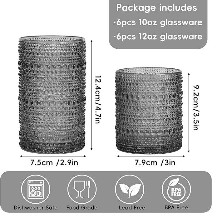 Moretoes Hobnail Drinking Glasses, 12 Piece Gray Water Glass Cups, Mixed Vintage Glassware Set, 6pcs 12oz Highballs and 6pcs 10oz old Fashioned Glasses, Great for Cocktail, Whisky and other Beverages