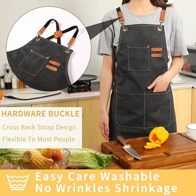 Tosewever Canvas Cross Back Chef Cotton Aprons for Men Women with Large Pockets
