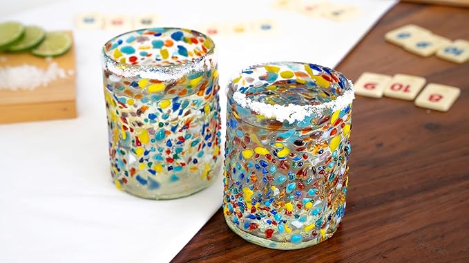 Confetti Dots Hand Blown Tumbler Glasses - 100% Recycled Mexican Glassware - Artisan Crafted Drinking Glasses for Cocktails, Wine, Tequila, or Water - Set of 6 (10 oz)