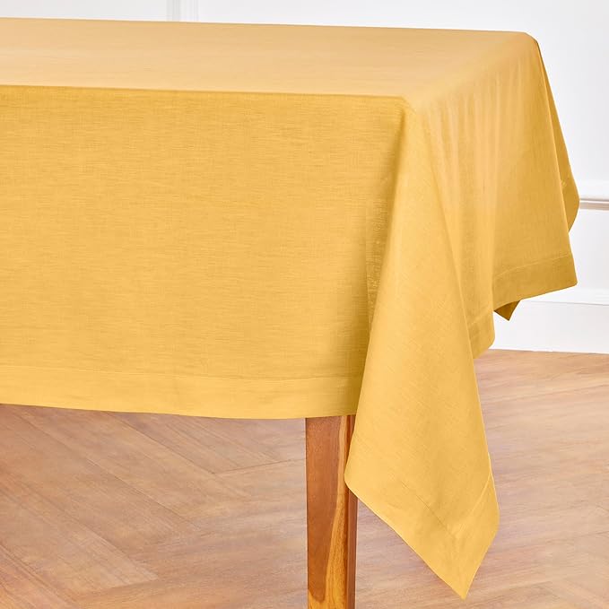 Solino Home Linen Tablecloth 60 x 108 Inch - 100% Pure Linen Mustard Yellow Table Cloth for Rectangle Tables - Fete, Machine Washable Tablecloth