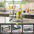 Cisily Sink Caddy Sponge Holder for Kitchen with Brush Holder and Stainless Steel Self Drain Tray, Rustproof Kitchen Sink Organizer for Sponge, Soap Dispenser Storage Accessories (Stainless Steel)