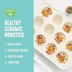 GreenLife 12-Cup Muffin Pan,PFAS-Free Healthy Nonstick Baking Tray,11.4" x 1.9" x 15.9",Durable Ceramic Bakeware,Cupcakes,Egg Bites,Tarts,Brownies,Turquoise,(Pack of 6)