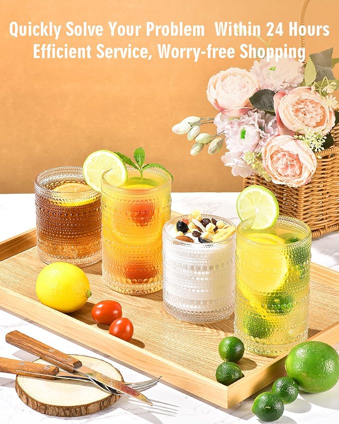 ISMASOAN Vintage Hobnail Drinking Glasses Set of 8, Cocktail Glasses 14 oz and 12 oz, Cups for Kitchen, Beaded Glassware, Highball Glasses for Whiskey, Juice, Water, Beer