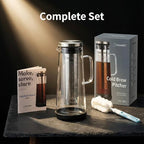 BrewMOO- Airtight Cold Brew Coffee Maker Pitcher, 1.4L/48Oz Thick Glass Carafe with Filter, Comfort Sturdy Handle & Wide Spout, Non-Slip Base | Iced Tea Maker (Black)