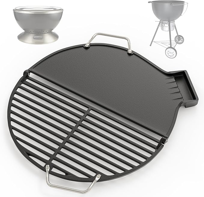 SafBbcue Cast Iron Griddle & Grate for Weber 22" Kettle Charcoal Grill Accessories, Foldable Cooking Grate & Griddle for Cuisinart CHA-830 Cleanburn Fire Pit Cook Top, Outdoor Campfire BBQ Parts