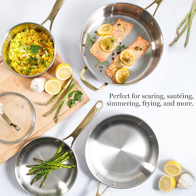 Martha Stewart Castelle 10 Piece 18/8 Durable Stainless Steel Induction Safe Pots and Pans Non-Toxic Kitchen Cookware Set - Gold Handles - Dishwasher Safe