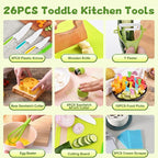 Hilsoeet 26PCS Kids Knives for Real Cooking, Wooden Kids Kitchen Knife Set Include 4 Serrated Edges Plastic Toddler Knives, Cutting Board, Y Peeler, Egg Beater, Toddler Food Picks and Cream Scraper