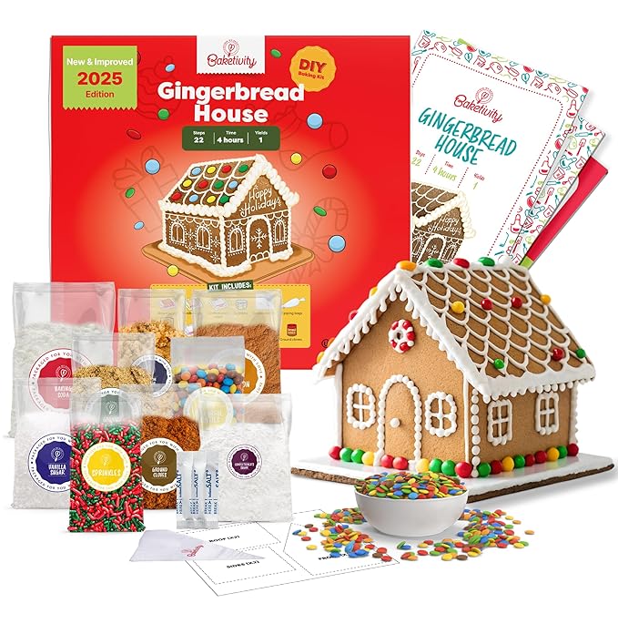 Baketivity Baking Kit Holiday Gingerbread House Kit - Bake And Build Edible Gingerbread House - Create a Treat Gingerbread House Kit - Kids Baking Set With Materials And Premeasured Ingredients