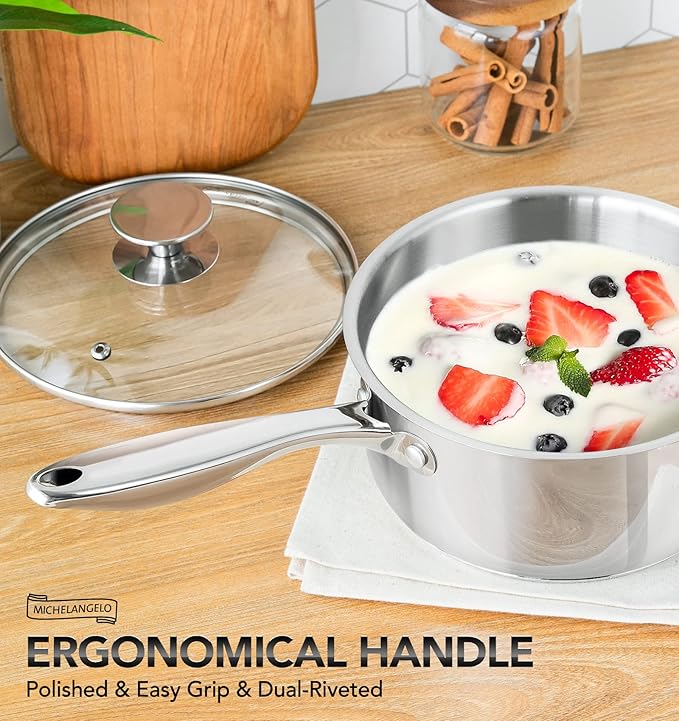 MICHELANGELO Tri-ply Stainless Steel 4 Qt Saucepan with Glass Lid, 4 Quart Pot with No Coating, Even Heating, for All Cooktops & Induction Compatible - Silver