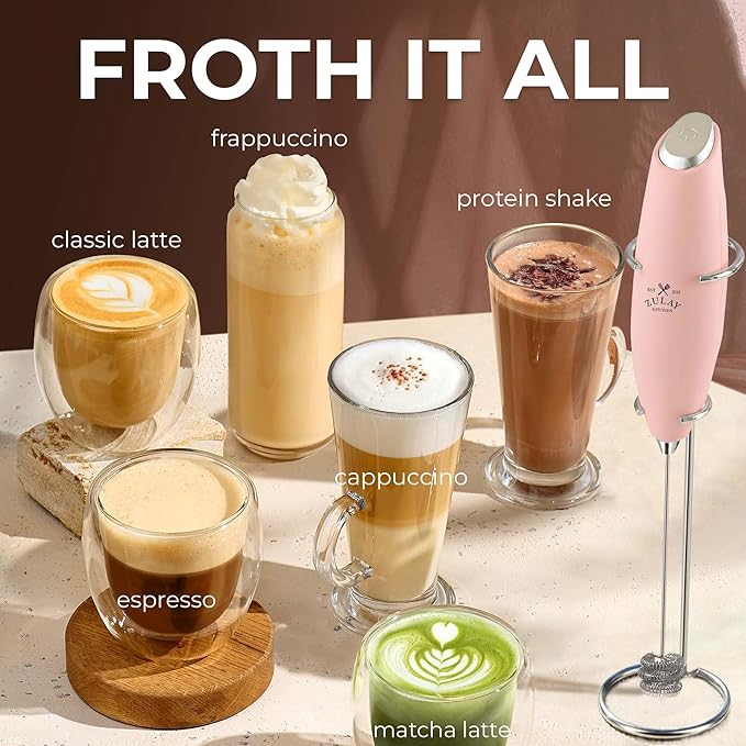 Zulay Kitchen Patented Tornado Triple Whisk Milk Frother with 4 Duracell Batteries – Handheld Foam Maker for Coffee, Lattes, Matcha & Hot Chocolate – Rich, Creamy Froth in Seconds - Spritz Pink