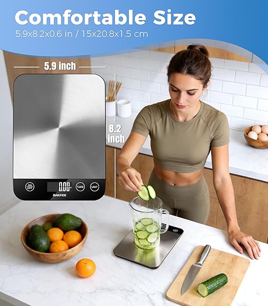 Food Scale, 33lb Rechargeable Kitchen Scale with Stainless Steel, Grams and Ounces, USB Charging, 1g High Accuracy for Baking, Cooking & Food Prep, Black, BK806
