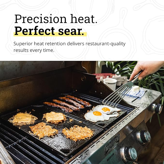 Lodge Double Play Reversible Cast Iron Grill/Griddle - Dual-Sided with Double Burner Configuration for Eggs, Pancakes, Burgers & More - Seasoned, Non-Toxic Cookware - Heavy-Duty Grill Pan - Black