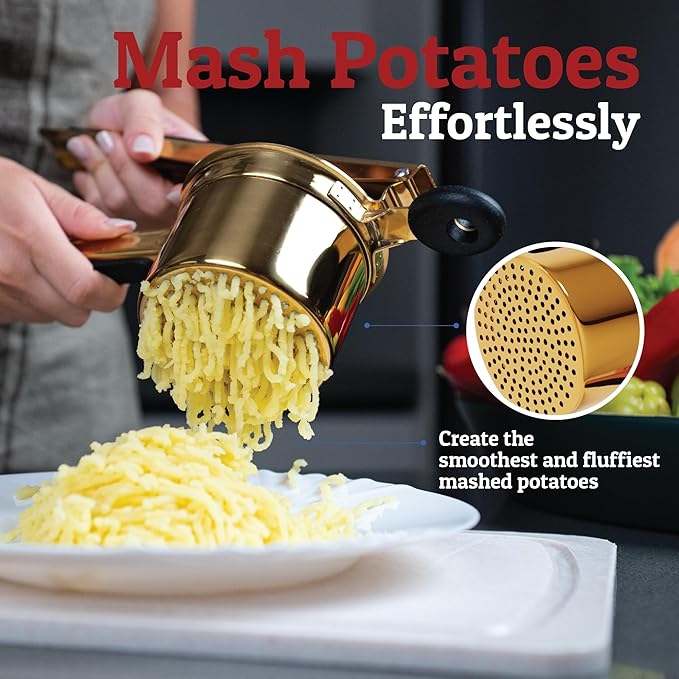 PriorityChef Large 15oz Potato Ricer, Heavy Duty Stainless Steel Potato Masher and Ricer Kitchen Tool, Press and Mash Kitchen Gadget For Perfect Mashed Potatoes - Everytime, Gold and Black