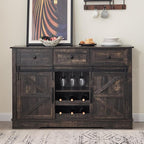 Farmhouse Bar Cabinet with Wine Rack 54" Coffee Buffet Cabinet with Sliding Barn Doors, Adjustable Shelves Rustic Buffets & Sideboards with 3 Drawers for Dining Room/Kitchen, Black