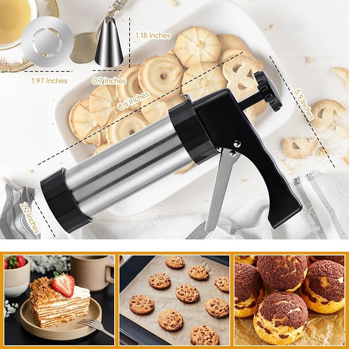Stainless Steel Cookies Press,Cookie Press Gun Kit with 13 Cookie Discs and 8 Piping Tips for DIY Christmas Cookies Maker