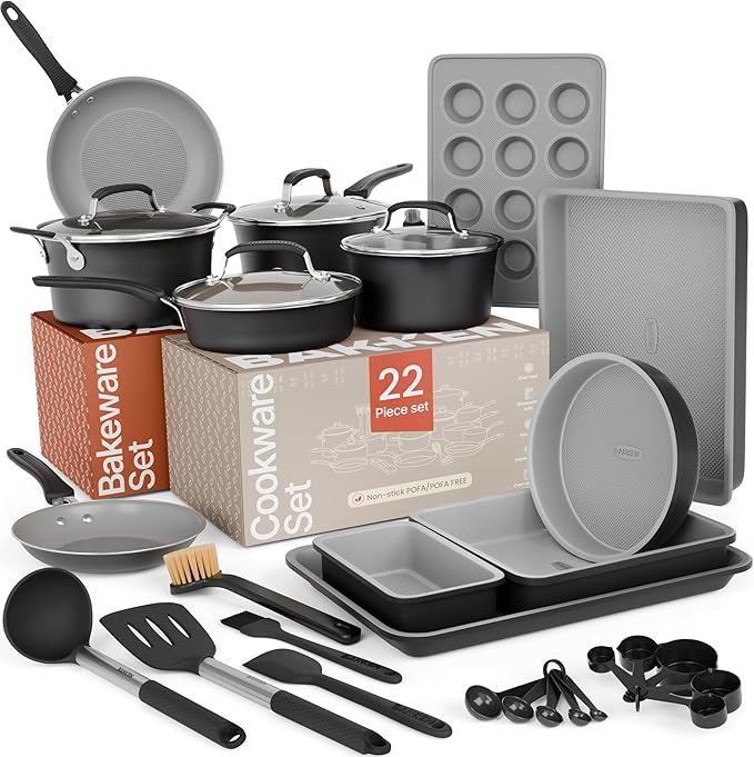 Pots and Pans Set, 22-Piece Non Stick Cookware & Bakeware Sets with Plaid Pattern, Stackable Design, Dishwasher Safe, Stain-resistant, Oven & All-Stove Safe, Tempered Glass Lid, Black