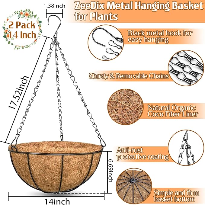 ZeeDix 2 Pack 14 Inch Metal Outdoor Hanging Baskets & Planters for Plants - Heavy Duty Round Garden Planters with Coconut Liners for Flowers, Vegetables