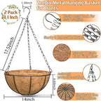 ZeeDix 2 Pack 14 Inch Metal Outdoor Hanging Baskets & Planters for Plants - Heavy Duty Round Garden Planters with Coconut Liners for Flowers, Vegetables